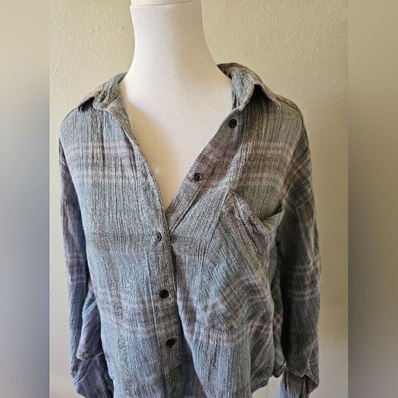 Free People Cutie Purple And Blue Plaid Button Down Shirt Medium - Picture 4 of 10